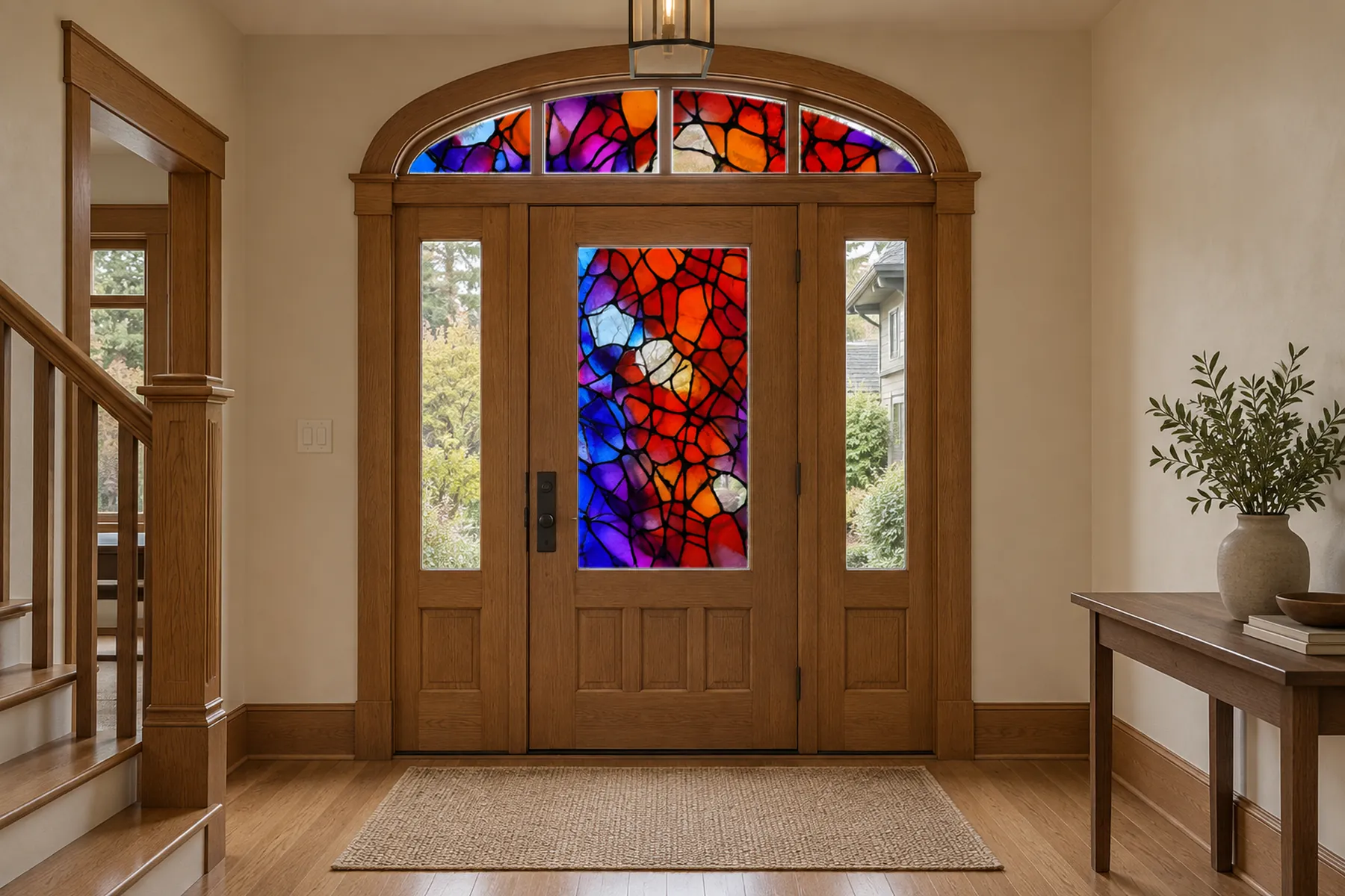 Painted concept, AI-generated: the same entry with the door pane and the arched fanlight painted in irregular black lines holding cells of red, orange and amber, with blue, violet and magenta down the left side and a few pale cells. The sidelights stay clear.