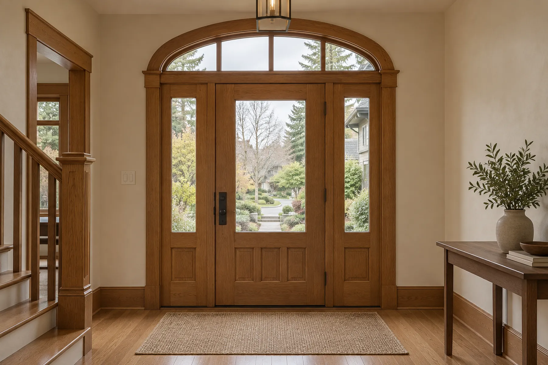 Before, an AI-generated concept: a Craftsman entry with an oak front door. Its tall pane, the two narrow sidelights and the four-part arched fanlight above are clear glass, looking out to a garden. A staircase rises on the left and a side table with a vase of branches stands on the right.
