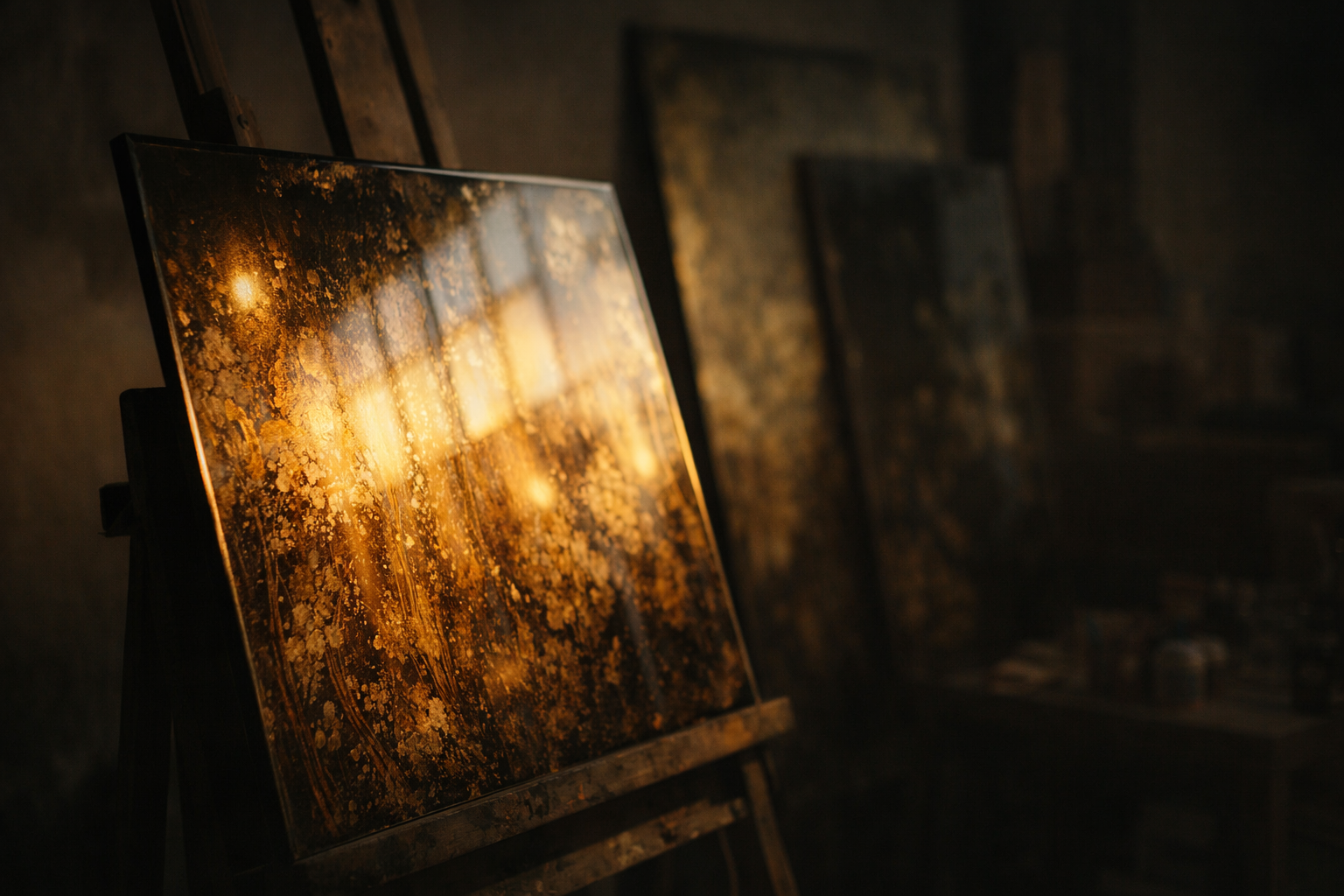 Luminous reverse glass painting panel in warm studio light