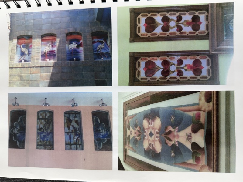 Four photos of reverse glass painting installations in architectural settings including church windows and wall panels