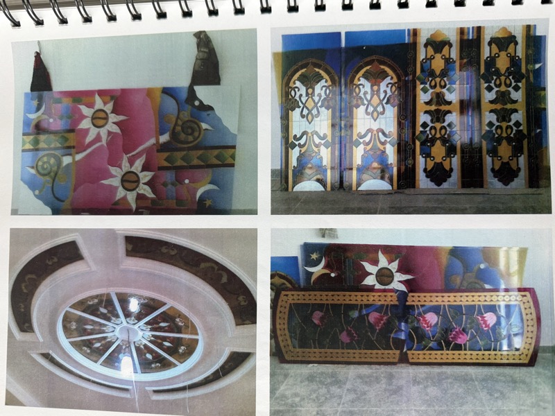 Four photos of reverse glass paintings with celestial and geometric motifs including star patterns, ornamental doors, and a ceiling rose