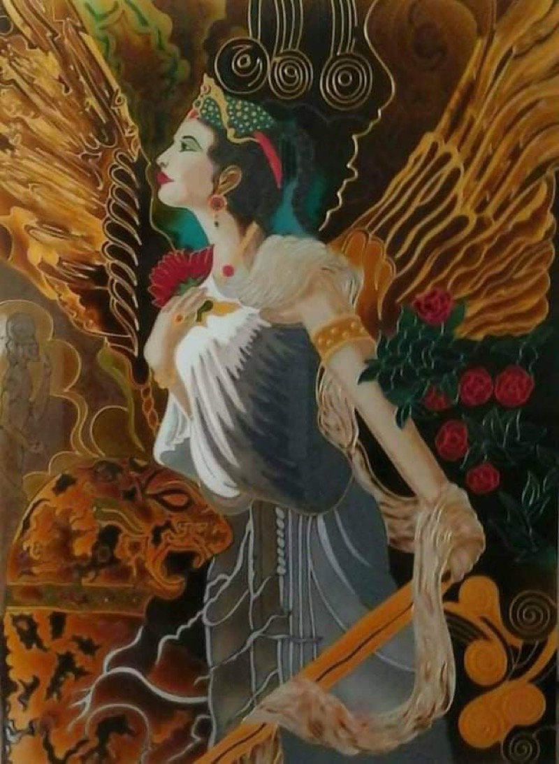 Reverse glass painting of a regal winged woman in profile with roses and gold filigree