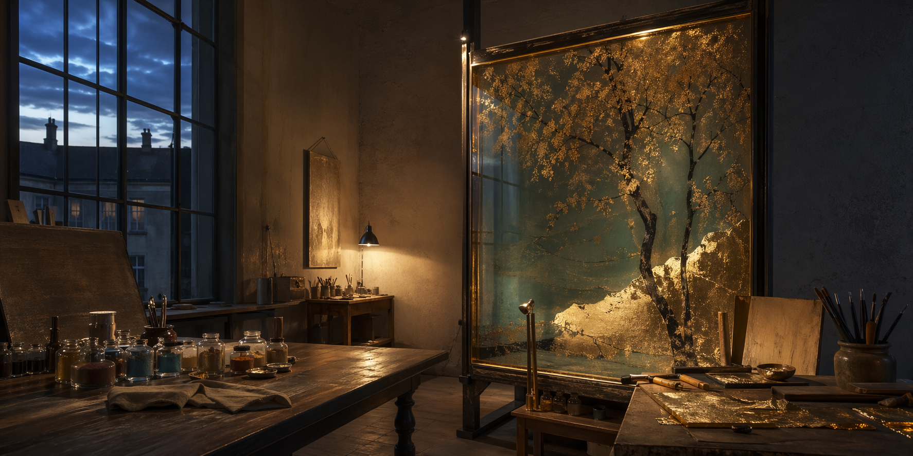 Blue-hour studio interior with luminous reverse glass work and architectural atmosphere