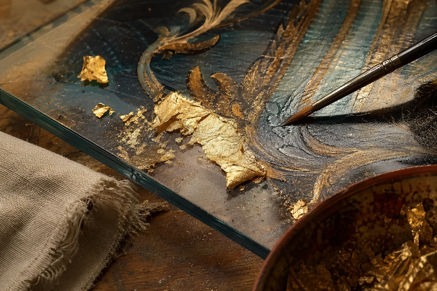 Macro detail of pigment, gold leaf, and brushwork on a reverse glass painting surface