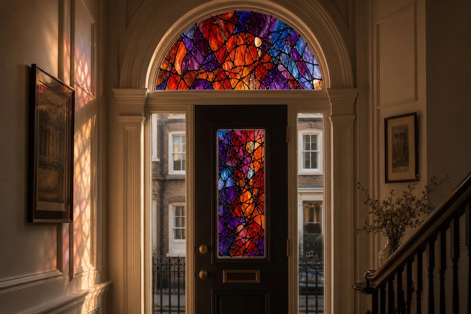Concept view of a Georgian townhouse entry with red, orange, violet, and blue reverse-painted glass